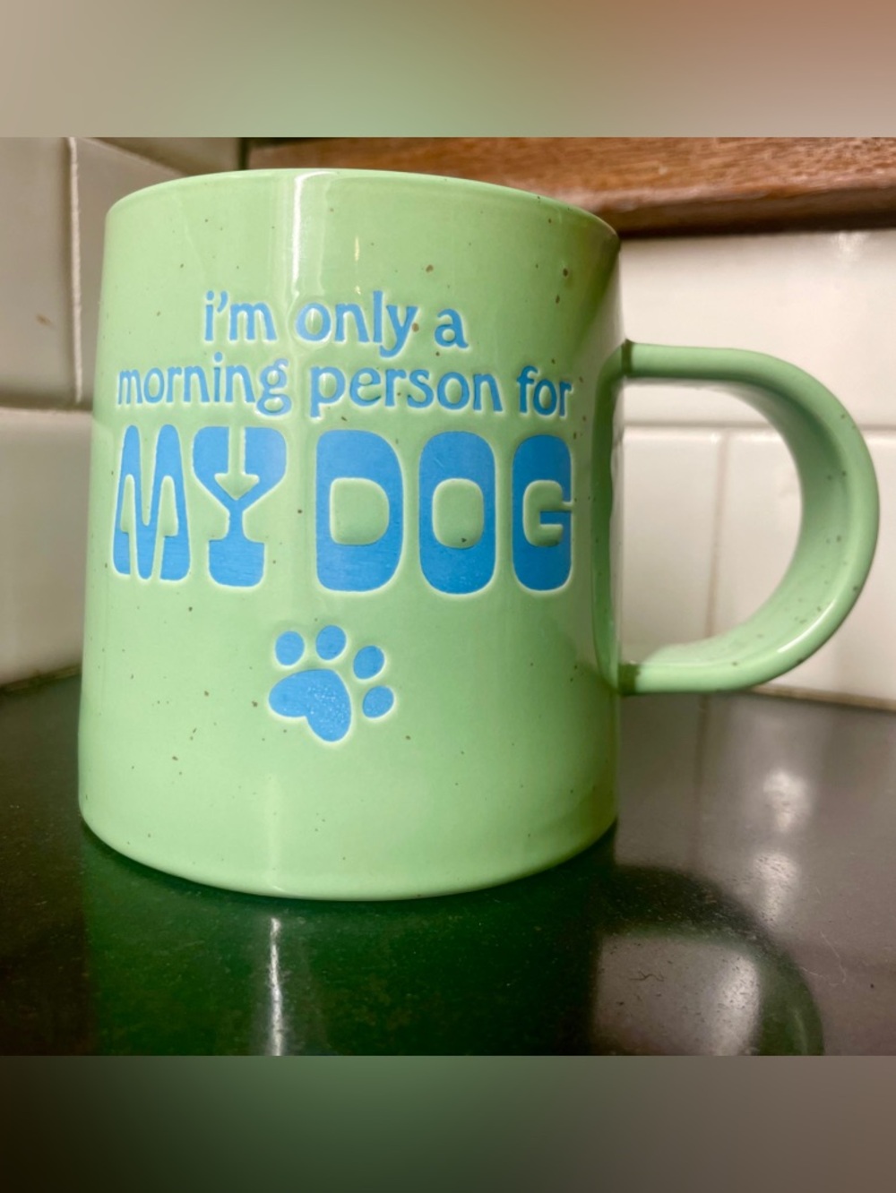 Dog Lover Morning‎ Stoneware Mug - Light Green with Blue Print